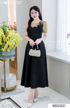 Váy Thiết Kế MDU5021 Dáng Xòe Dài Cổ Bèo Đính Hoa Thanh Lịch