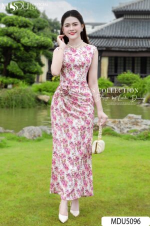 Váy Thiết Kế MDU5096 Lụa Mango Đuôi Cá Hoa Nhí Nhún Eo Lệch Tôn Dáng