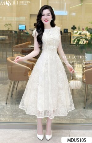 Váy Thiết Kế MDU5105 Ren Thêu Hoa Văn Dáng Xòe Dài Cổ Tròn Kín Thanh Lịch