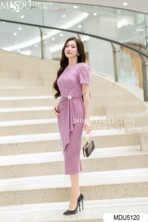 Váy Thiết Kế MDU5120 Hồng Nude Ren Lông & Xleo Duyên Dáng Và Kín Đáo