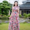 Váy Thiết Kế MDU4991 Tơ Xước In Hoa Hồng Dài Xòe Tầng Bèo Cổ Yếm Cách Điệu Duyên Dáng