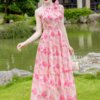 Váy Thiết Kế MDU5058 Tơ Xước Dáng Dài Xòe Nhẹ Cổ Tròn Buộc Nơ Hoa Hồng Thanh Nhã & Lãng Mạn