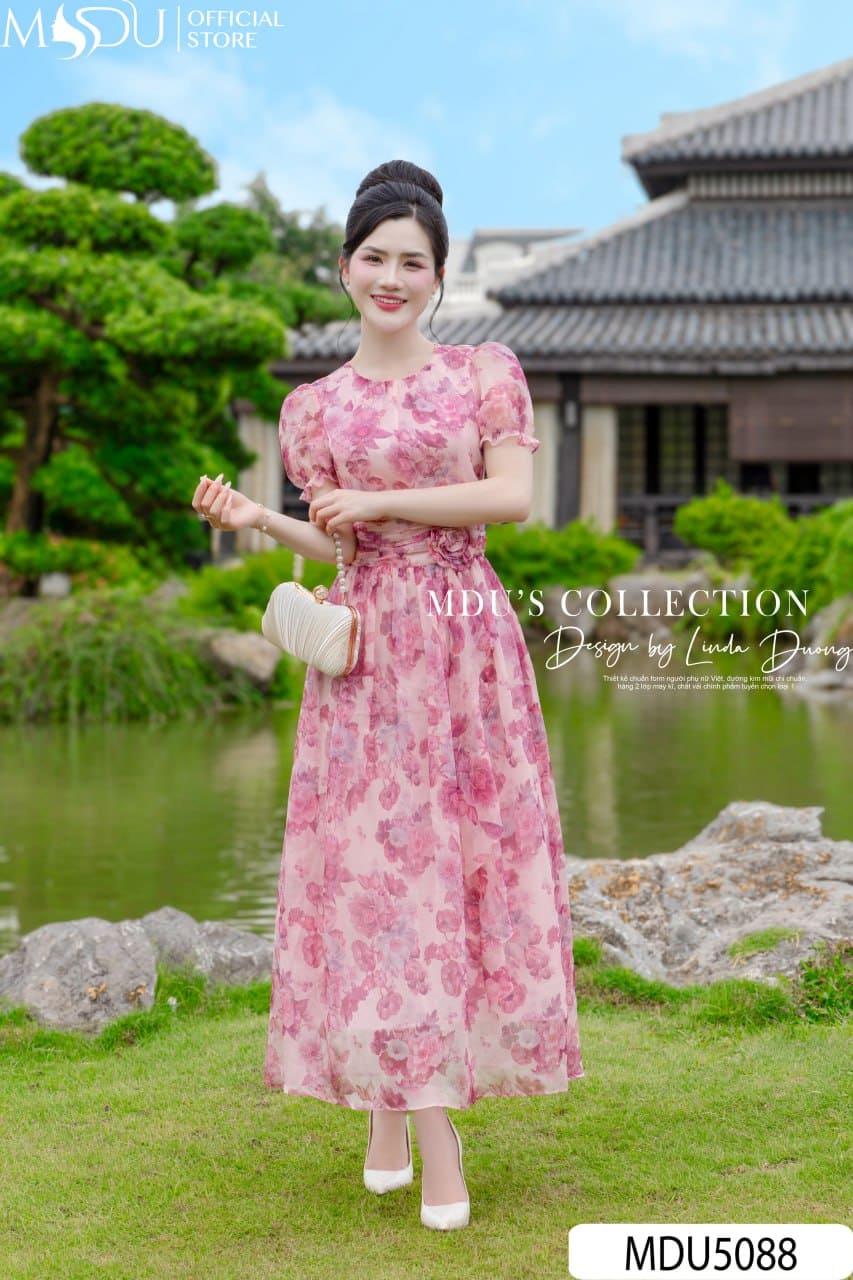 Váy Tơ Xước Hồng Pastel Dáng Xòe Nhẹ