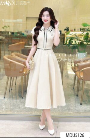 Váy Thiết Kế MDU5126 Mango Ý Kem Viền Đen Dáng Dài Xòe Ly Thanh Lịch, Nổi Bật, Dễ Ứng Dụng