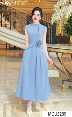 Váy Thiết Kế MDU5209 Mango Cao Cấp Xanh Pastel Dài Xòe Cổ Tròn Sát Nách Hoa Đính Eo Thanh Lịch Và Duyên Dáng